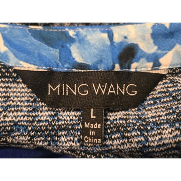 Ming Wang Blue Tweed Jacket Cardigan L Floral Trim Womens Ruffle Career - Picture 8 of 9